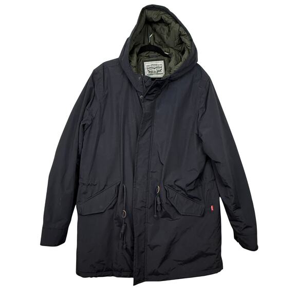 Levi’s XL Black Hooded Parka Coat Quilted Lining Utility Jacket Minimalist - Picture 1 of 10